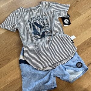 Volcom Striped Navy and White Kids T-Shirt and Swim Trunks